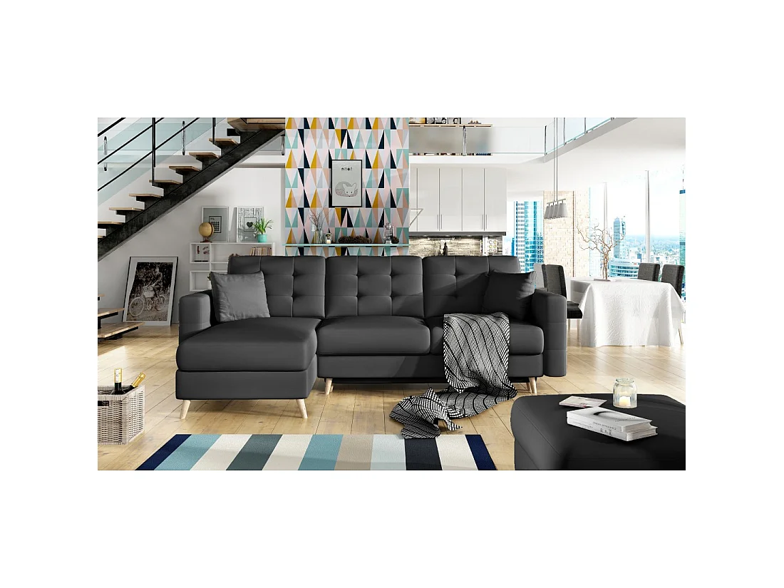 Canapé d'angle convertible HASGARD 3 places noir 248x162 cm – coffre et pieds bois