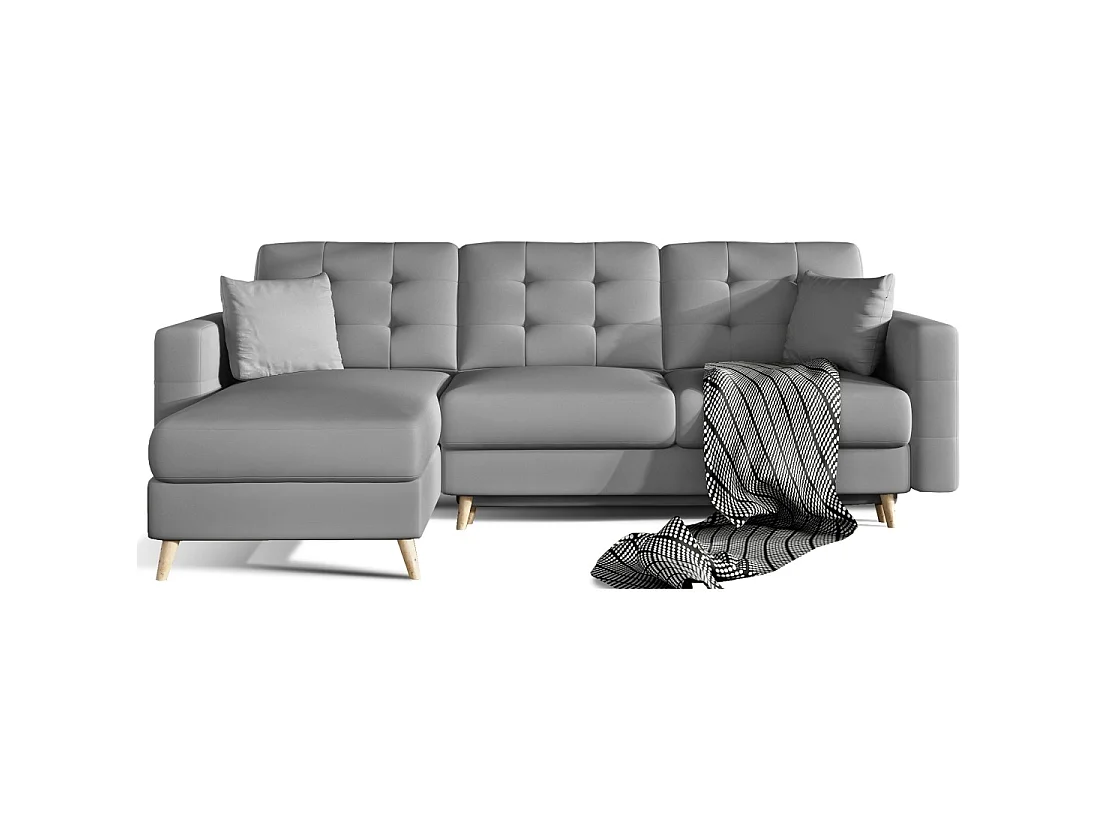 Canapé d'angle convertible HASGARD 3 places gris 248x162 cm – coffre et pieds bois