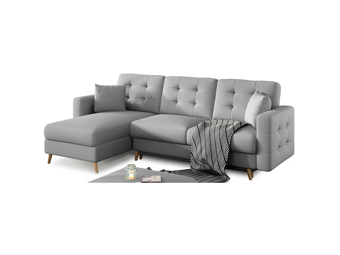 Canapé d'angle convertible HASGARD 3 places gris 248x162 cm – coffre et pieds bois