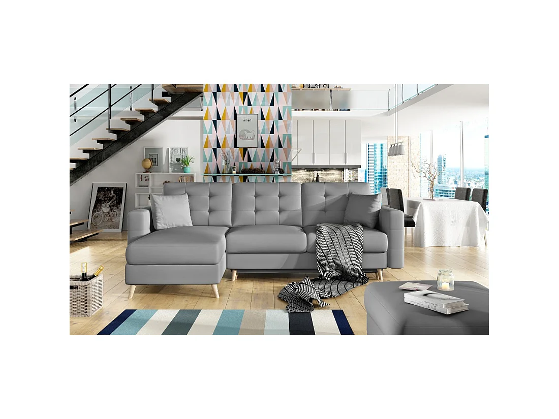 Canapé d'angle convertible HASGARD 3 places gris 248x162 cm – coffre et pieds bois