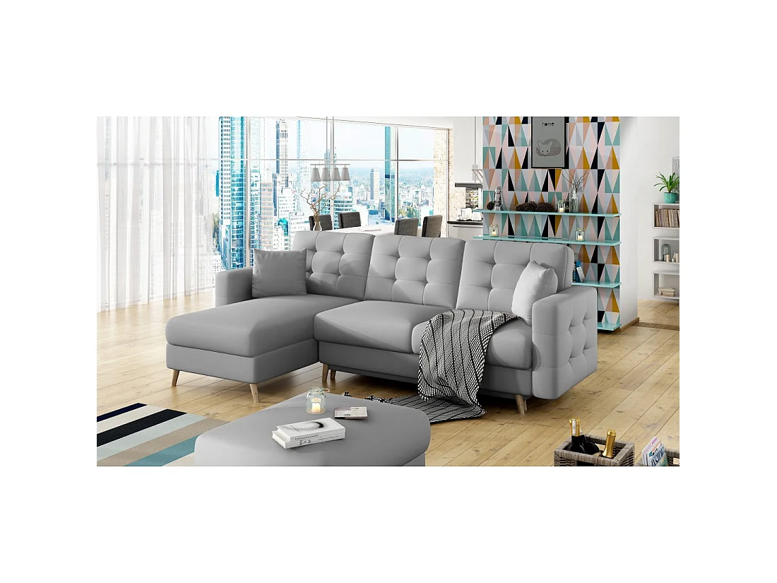 Canapé d'angle convertible HASGARD 3 places gris 248x162 cm – coffre et pieds bois