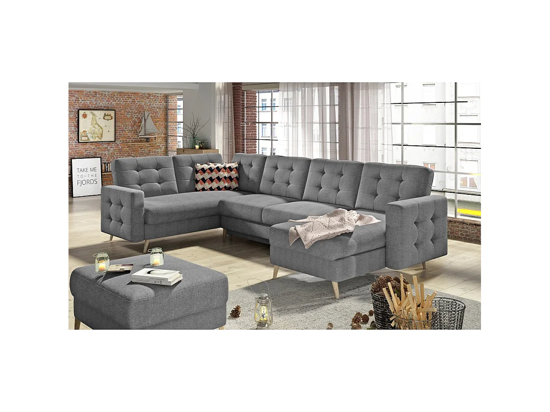 Canapé d'angle panoramique convertible HASGARD U 326 cm gris foncé avec coffre
