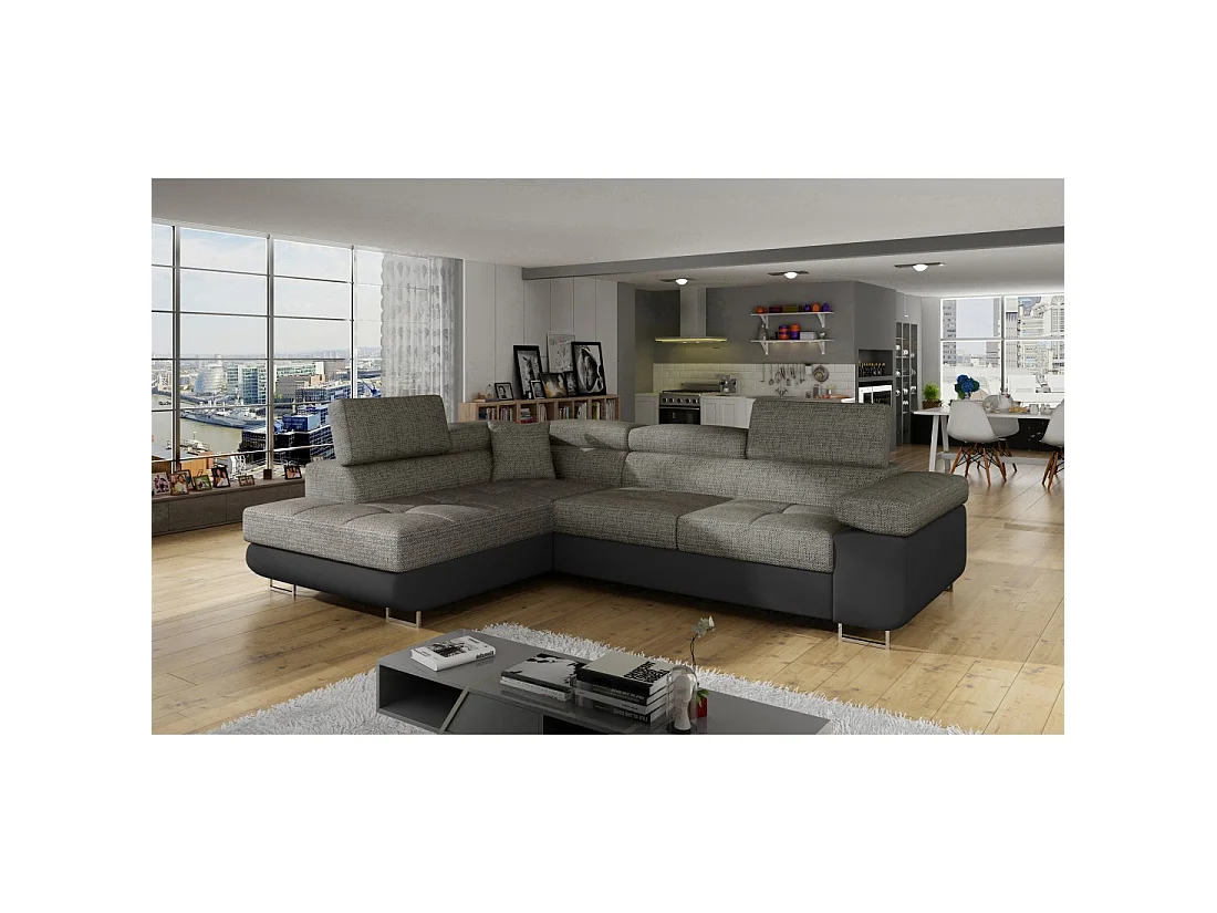 Canapé d'angle convertible MENTON gris et noir bouclé – Angle gauche avec coffre