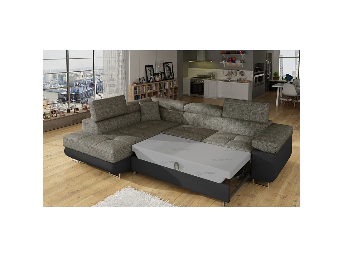 Canapé d'angle convertible MENTON gris et noir bouclé – Angle gauche avec coffre