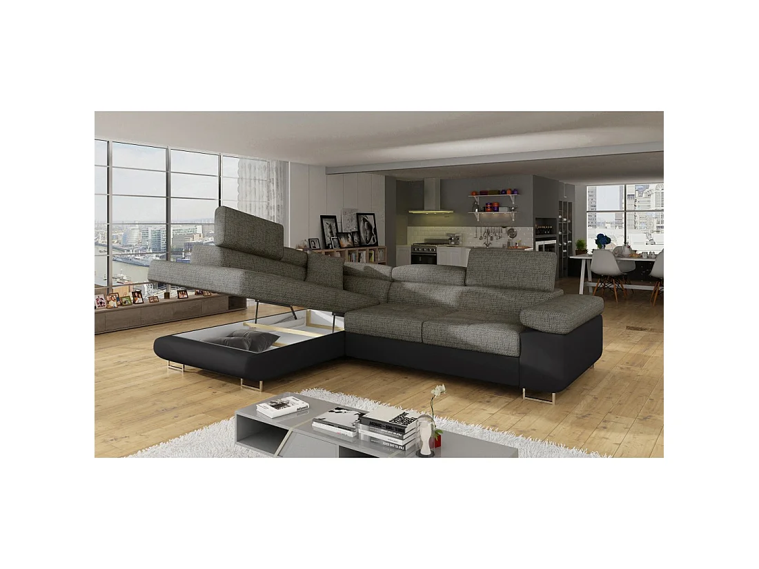 Canapé d'angle convertible MENTON gris et noir bouclé – Angle gauche avec coffre