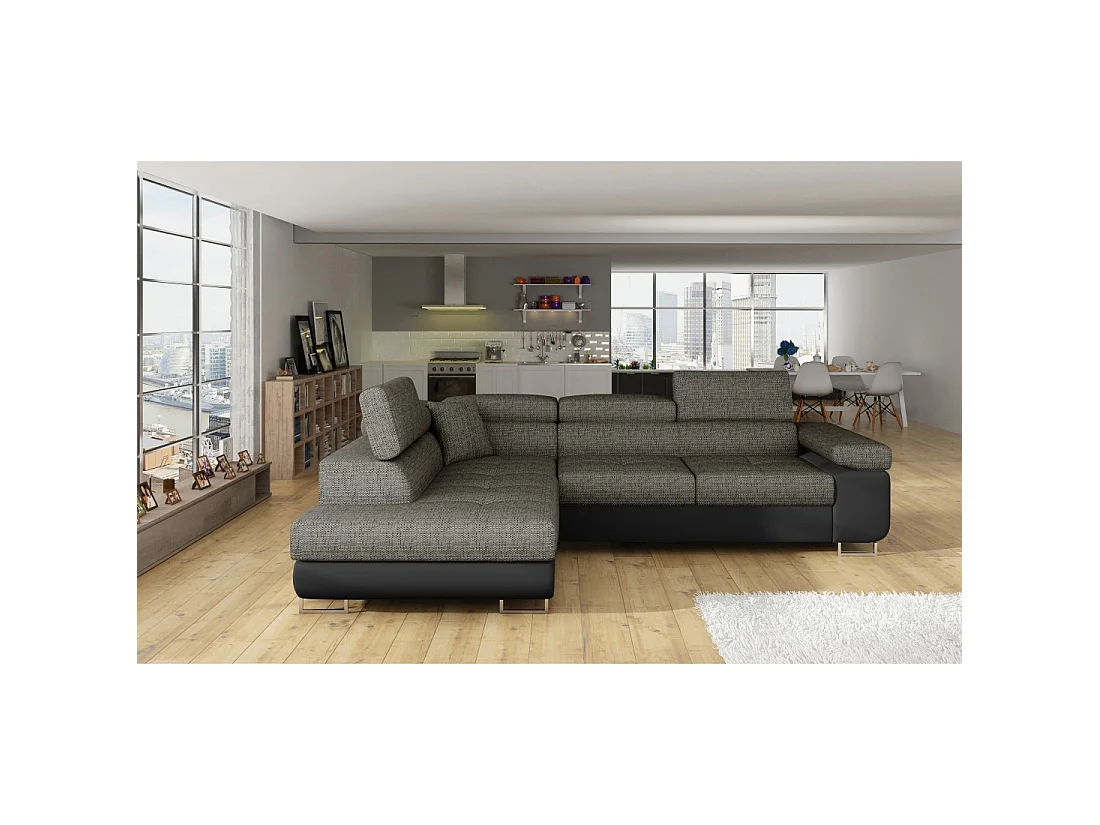 Canapé d'angle convertible MENTON gris et noir bouclé – Angle gauche avec coffre