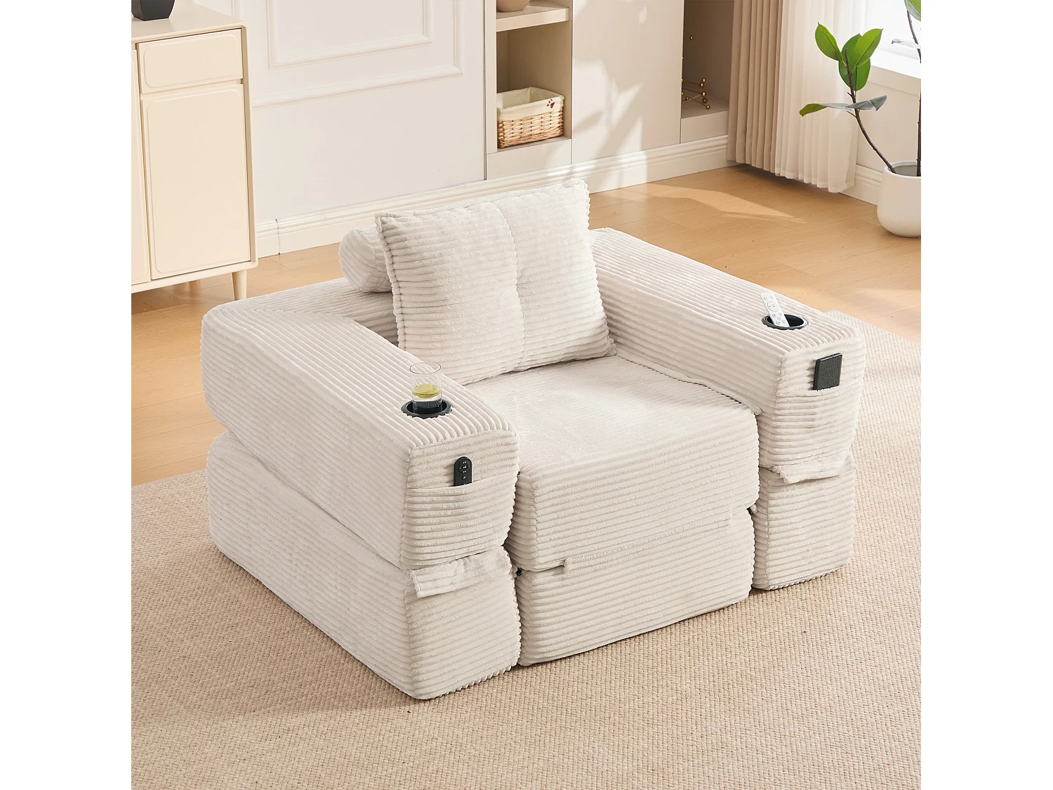 Canapé convertible en velours côtelé avec poche latérale et porte-gobelet - Beige