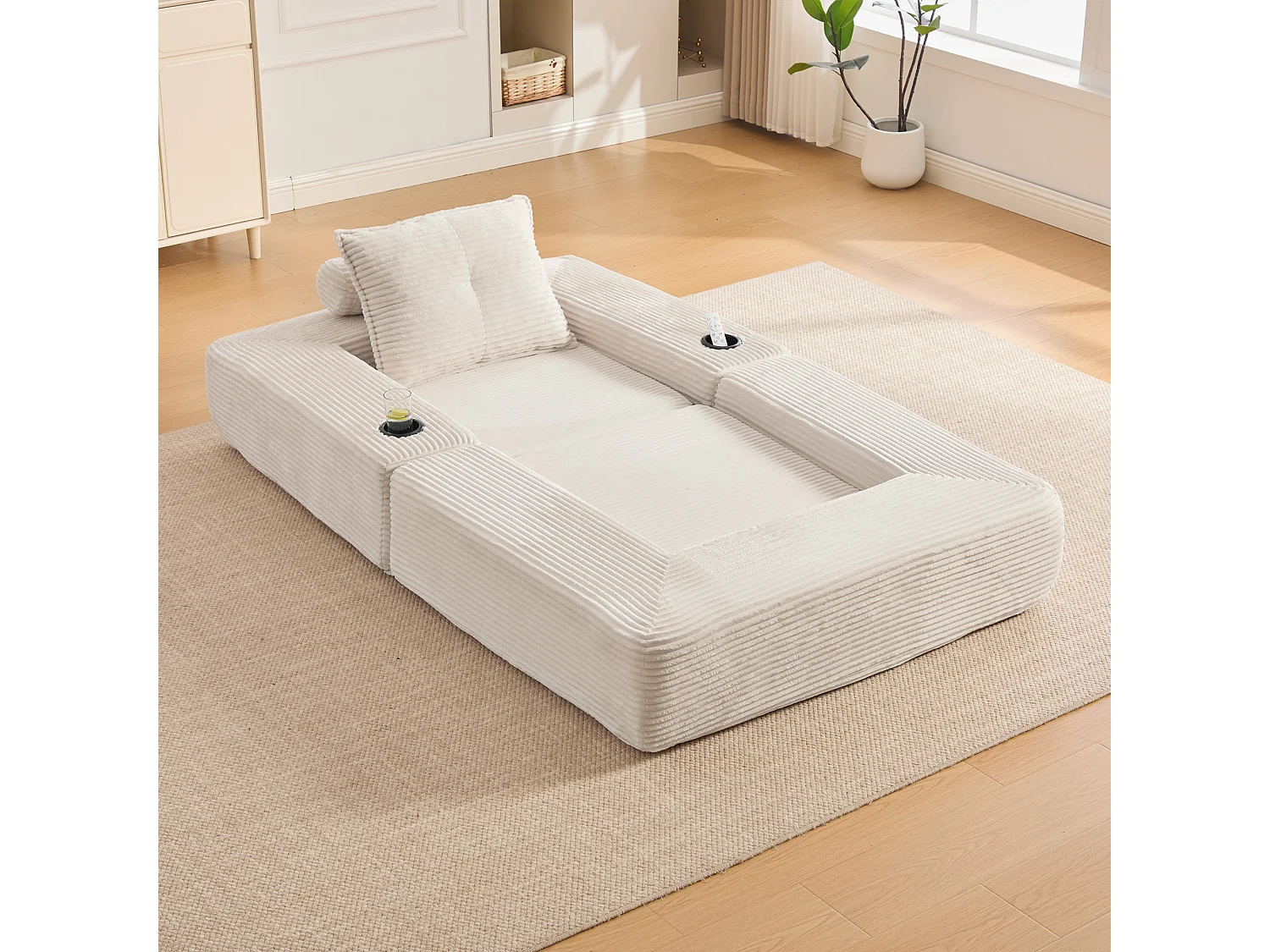 Canapé convertible en velours côtelé avec poche latérale et porte-gobelet - Beige