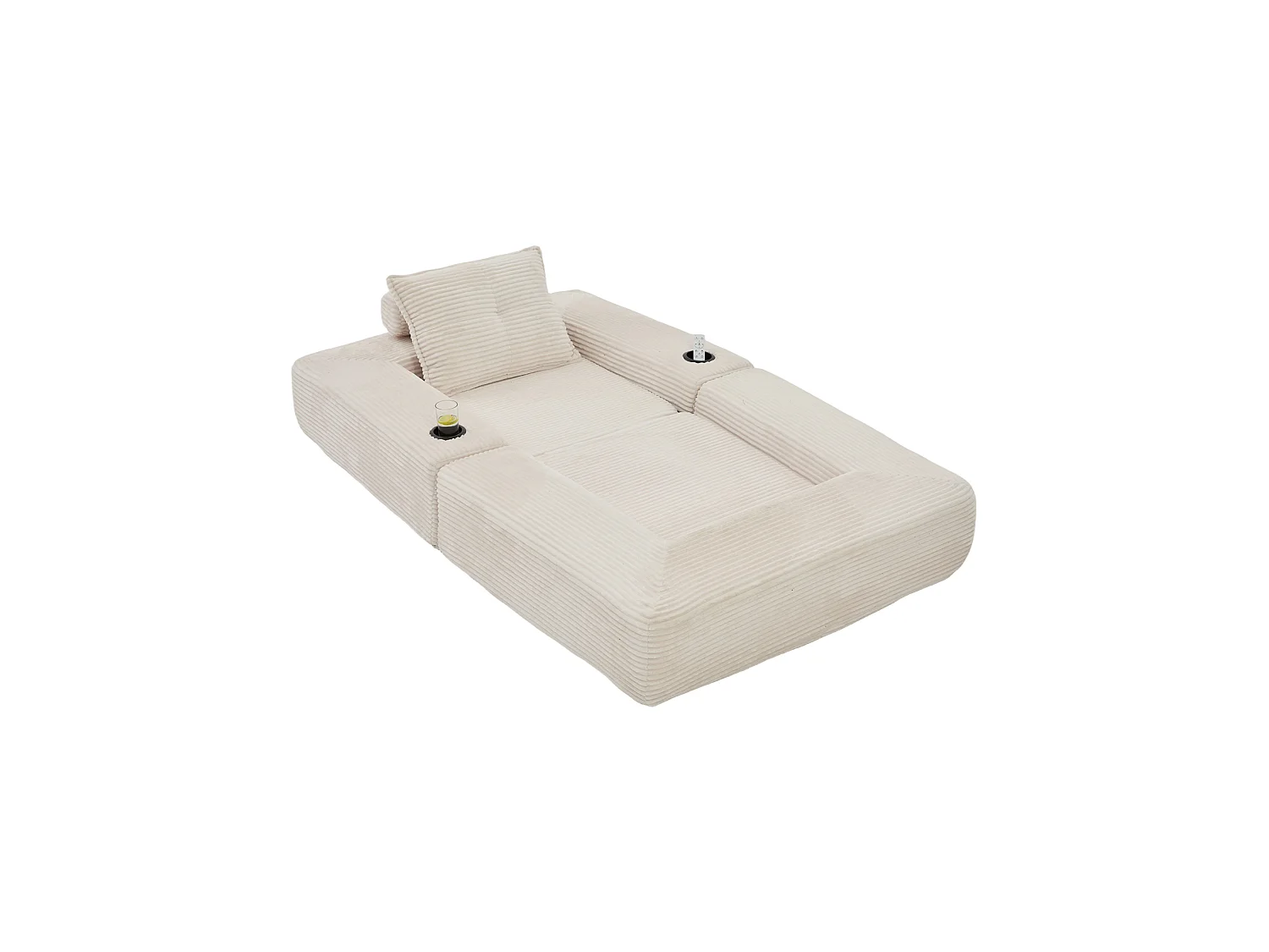 Canapé convertible en velours côtelé avec poche latérale et porte-gobelet - Beige