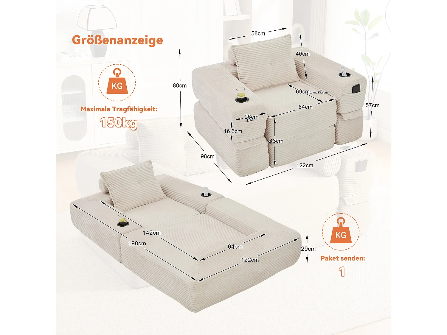 Canapé convertible en velours côtelé avec poche latérale et porte-gobelet - Beige