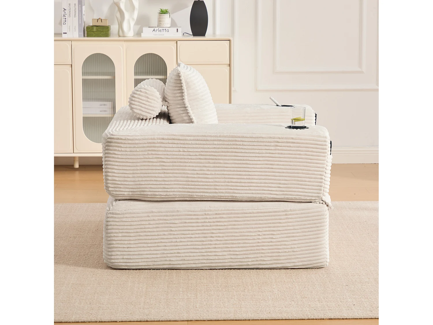 Canapé convertible en velours côtelé avec poche latérale et porte-gobelet - Beige