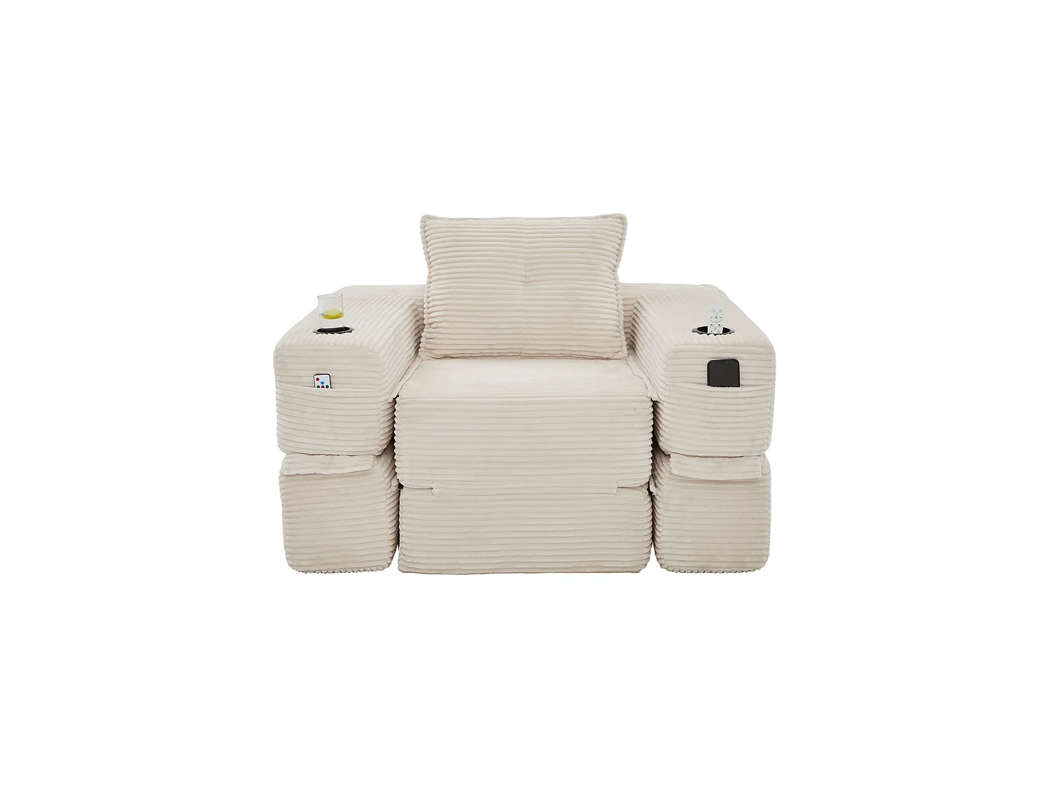 Canapé convertible en velours côtelé avec poche latérale et porte-gobelet - Beige