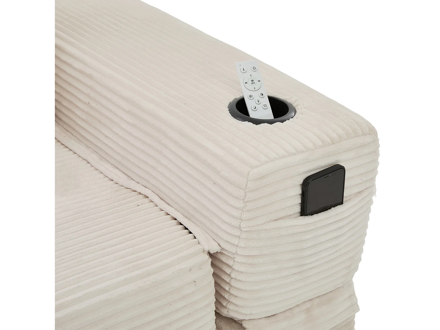 Canapé convertible en velours côtelé avec poche latérale et porte-gobelet - Beige