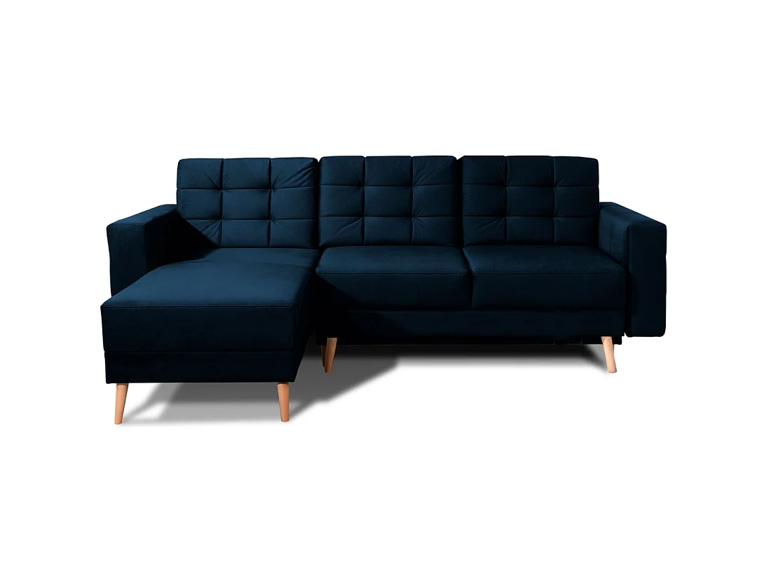 Canapé d'angle convertible HASGARD 3 places bleu foncé 248x162 cm – coffre et pieds bois
