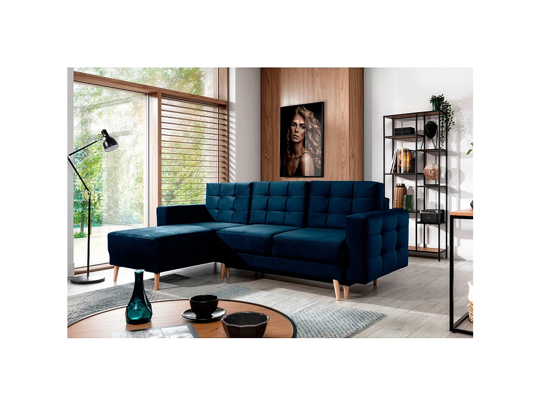 Canapé d'angle convertible HASGARD 3 places bleu foncé 248x162 cm – coffre et pieds bois