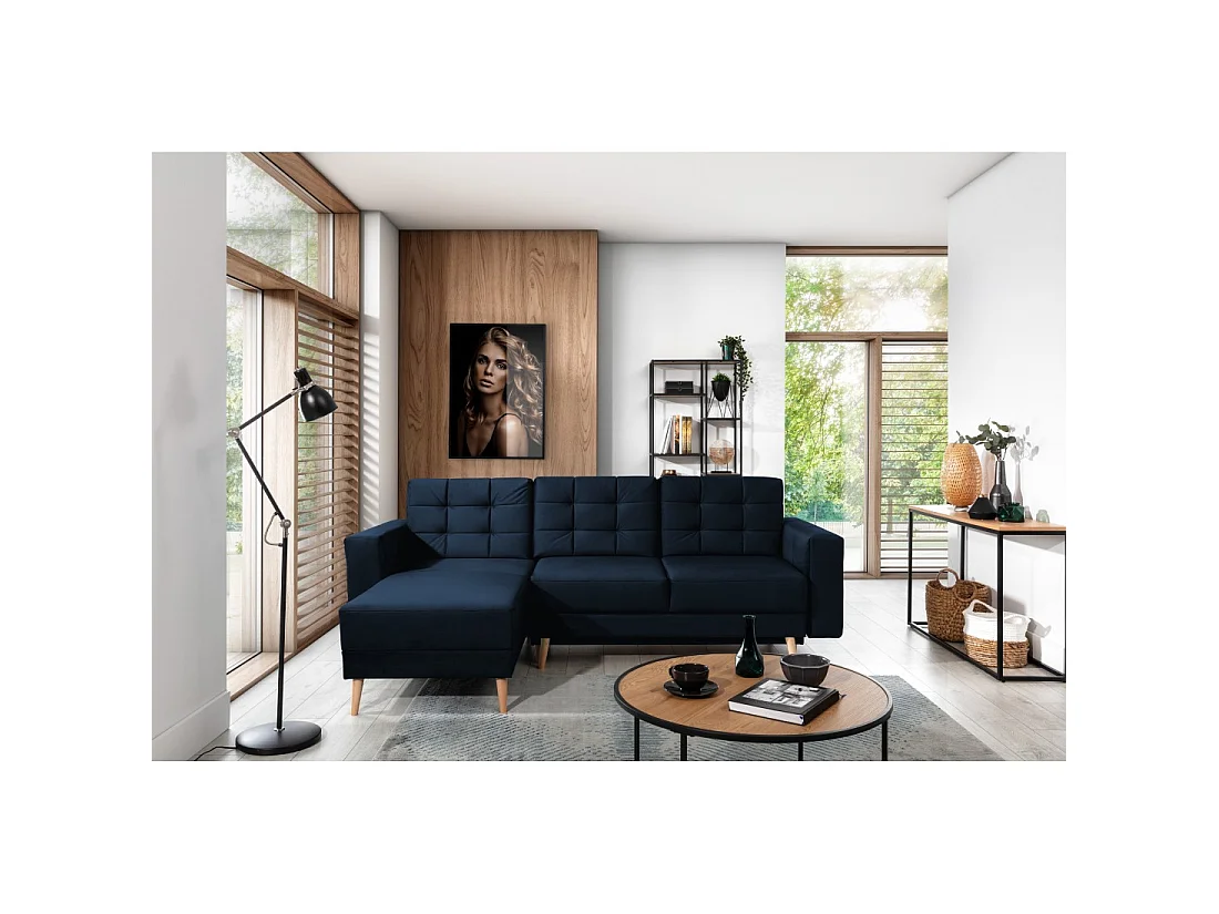 Canapé d'angle convertible HASGARD 3 places bleu foncé 248x162 cm – coffre et pieds bois