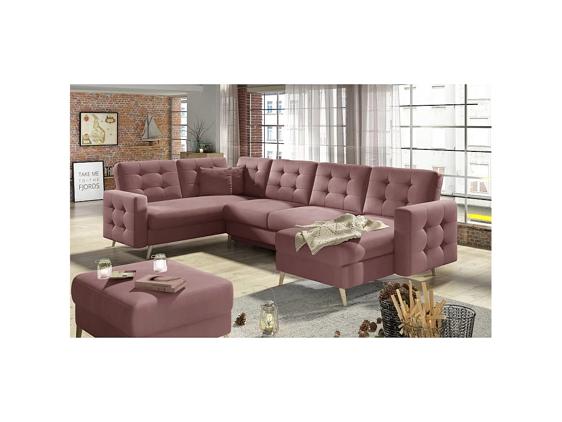 Canapé d'angle panoramique convertible HASGARD U 326x202 cm rose velours
