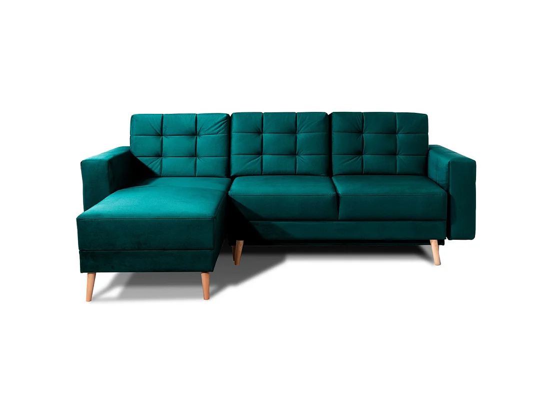Canapé d'angle convertible HASGARD 3 places vert foncé 248x162 cm – coffre et pieds bois