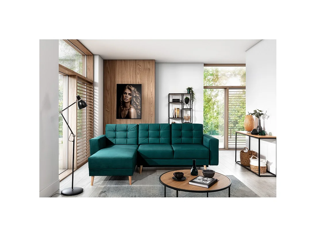 Canapé d'angle convertible HASGARD 3 places vert foncé 248x162 cm – coffre et pieds bois