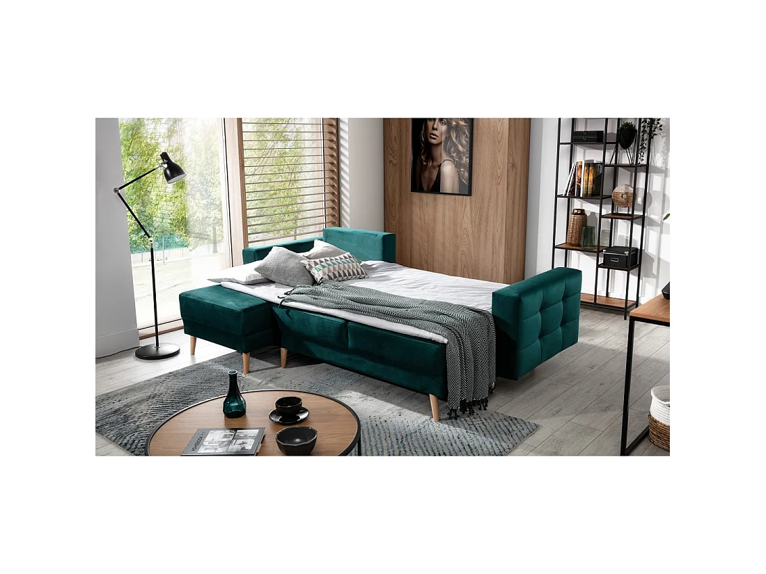 Canapé d'angle convertible HASGARD 3 places vert foncé 248x162 cm – coffre et pieds bois
