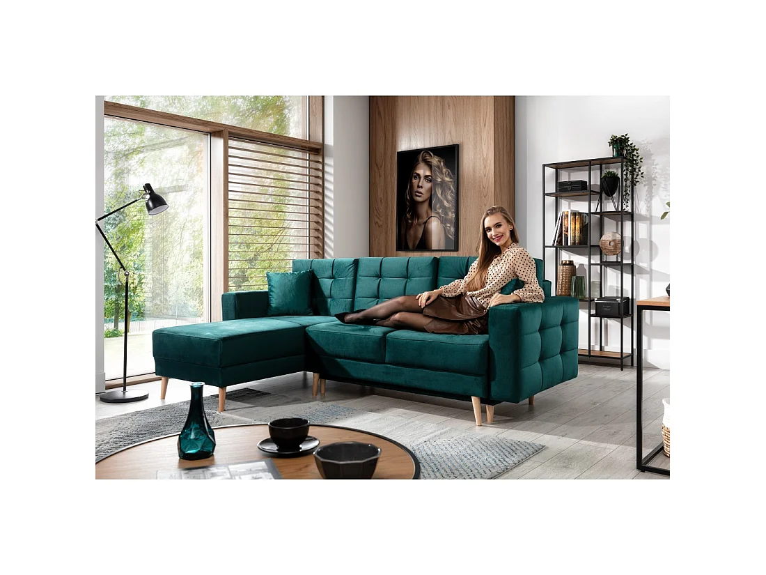 Canapé d'angle convertible HASGARD 3 places vert foncé 248x162 cm – coffre et pieds bois