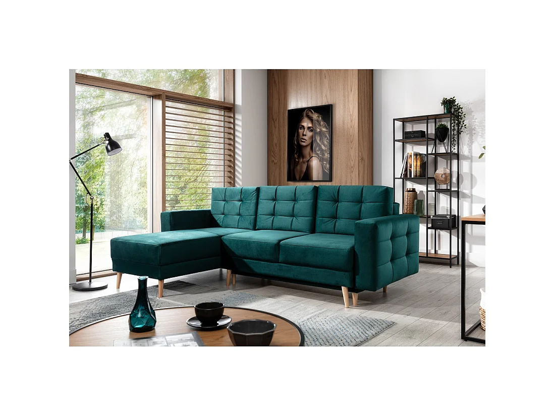 Canapé d'angle convertible HASGARD 3 places vert foncé 248x162 cm – coffre et pieds bois