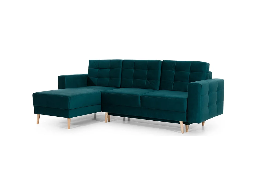 Canapé d'angle convertible HASGARD 3 places vert foncé 248x162 cm – coffre et pieds bois