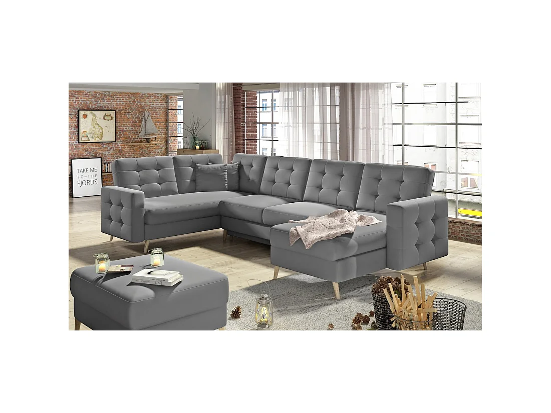 Canapé d'angle panoramique convertible HASGARD U 326 cm gris clair avec coffre