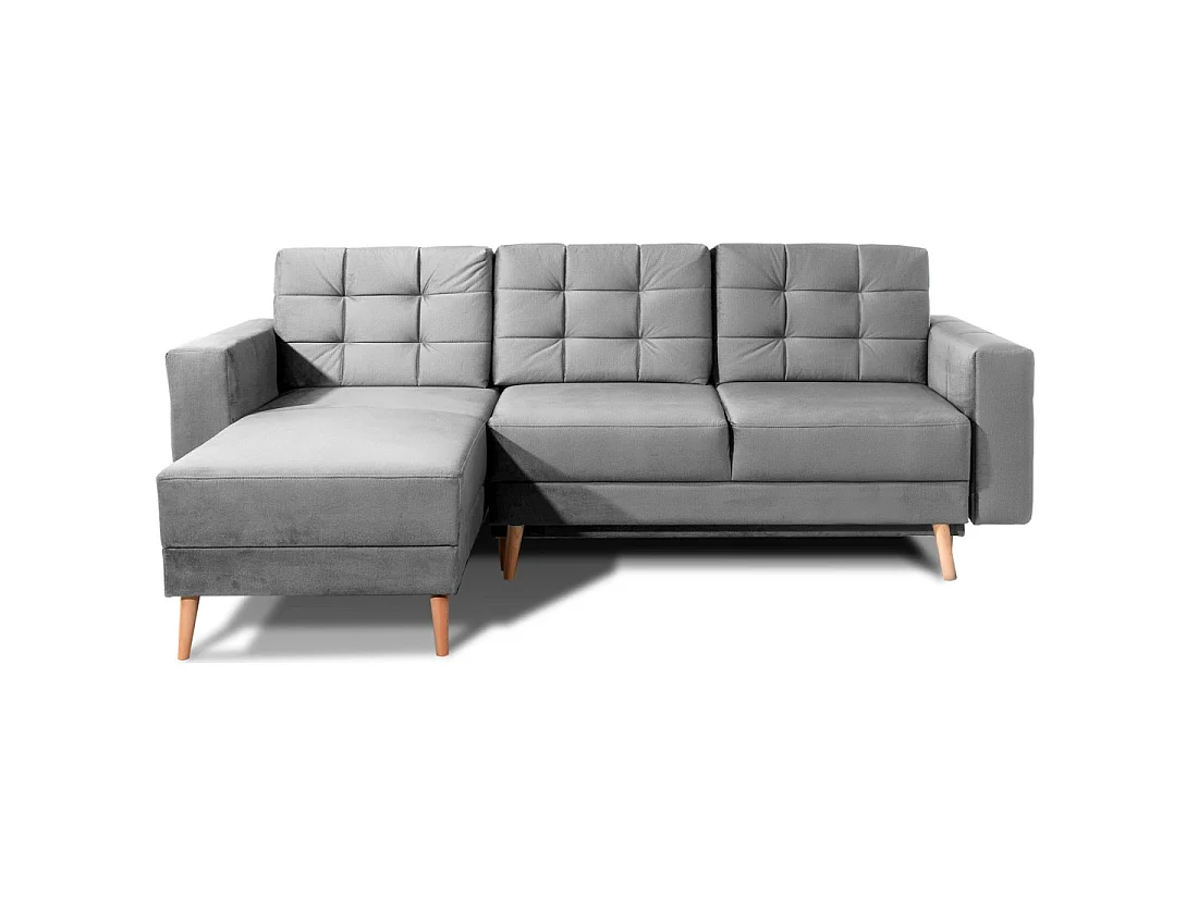 Canapé d'angle convertible HASGARD 3 places gris 248x162 cm – coffre et pieds bois