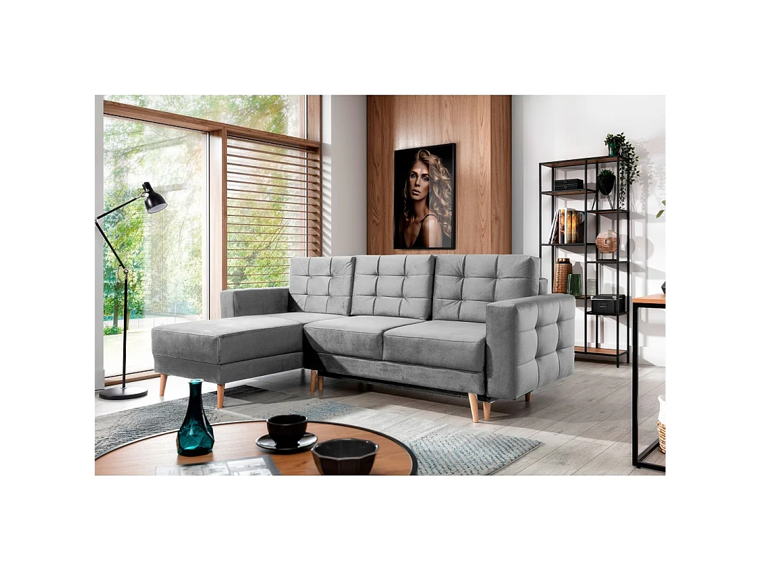 Canapé d'angle convertible HASGARD 3 places gris 248x162 cm – coffre et pieds bois
