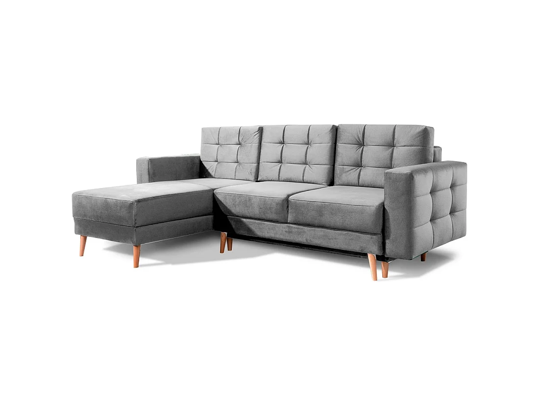 Canapé d'angle convertible HASGARD 3 places gris 248x162 cm – coffre et pieds bois