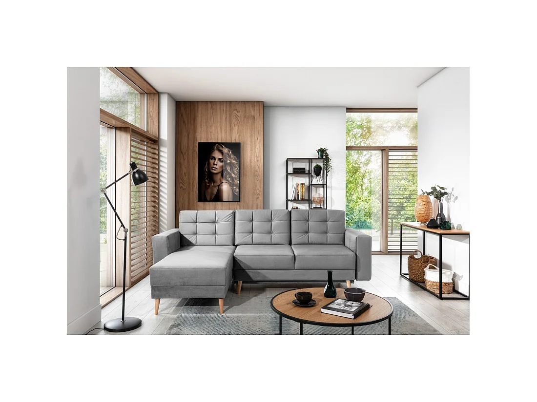 Canapé d'angle convertible HASGARD 3 places gris 248x162 cm – coffre et pieds bois
