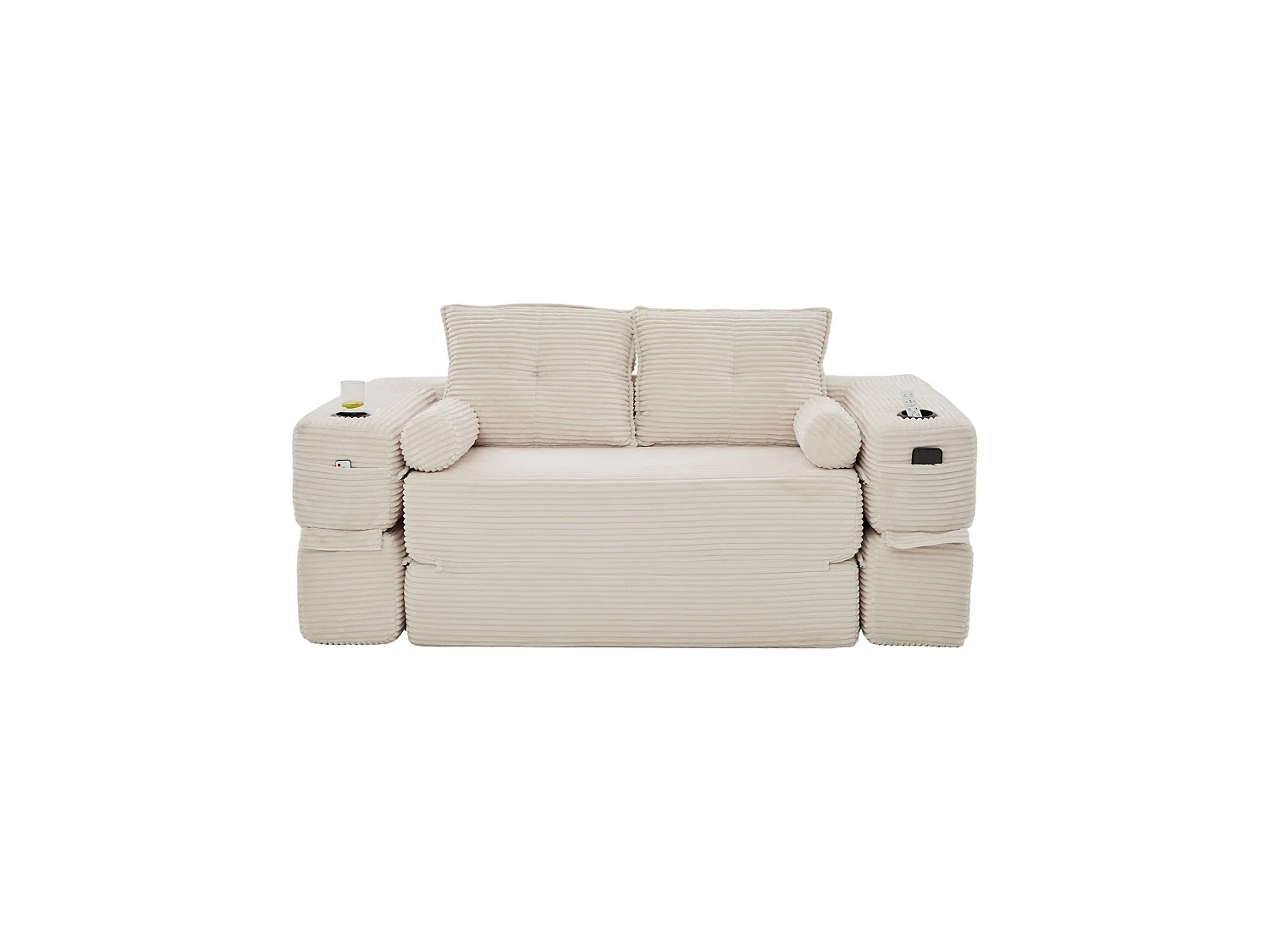 Canapé 2 places convertible avec 2 coussins - Canapé-lit en velours côtelé beige