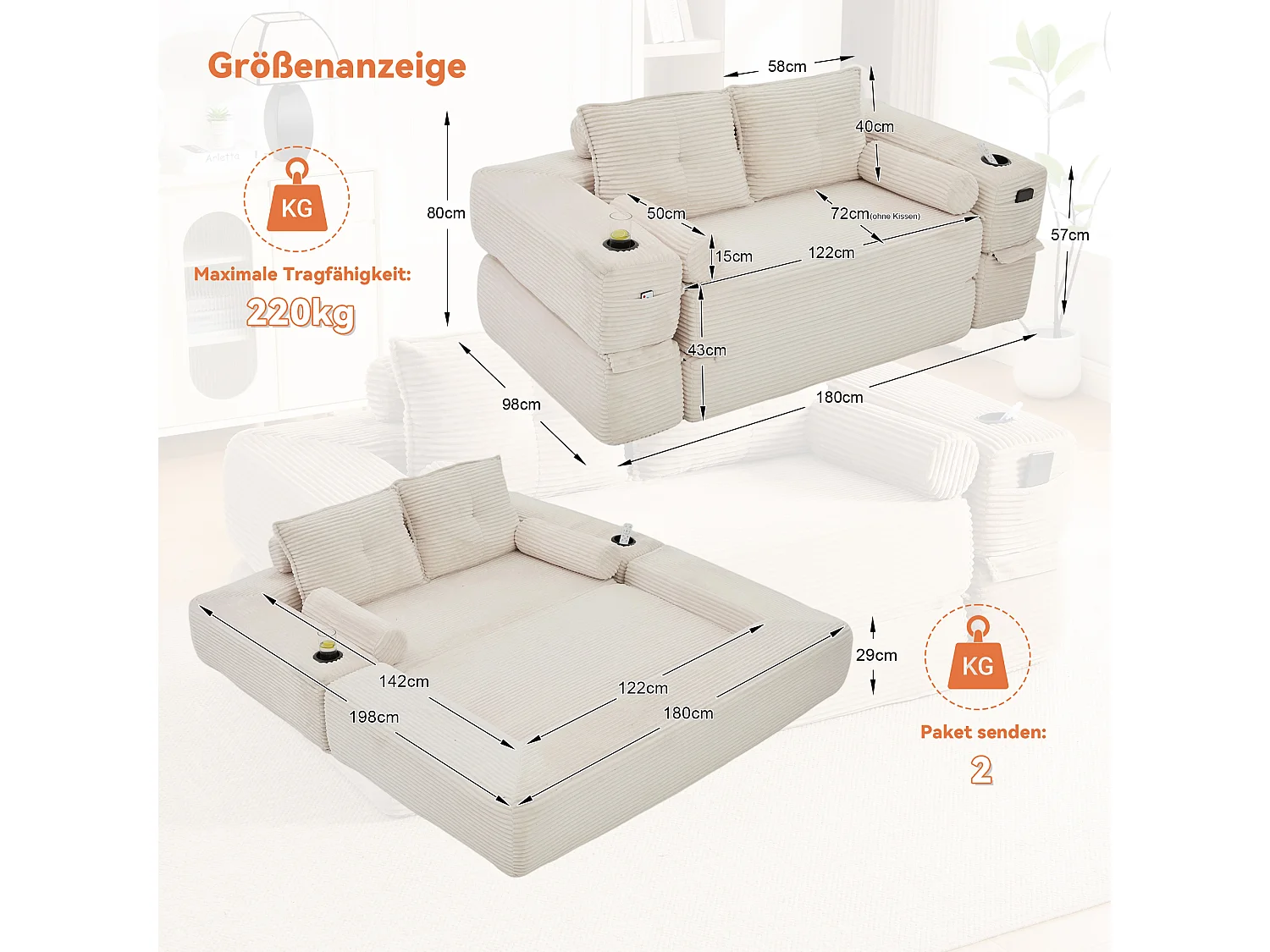 Canapé 2 places convertible avec 2 coussins - Canapé-lit en velours côtelé beige