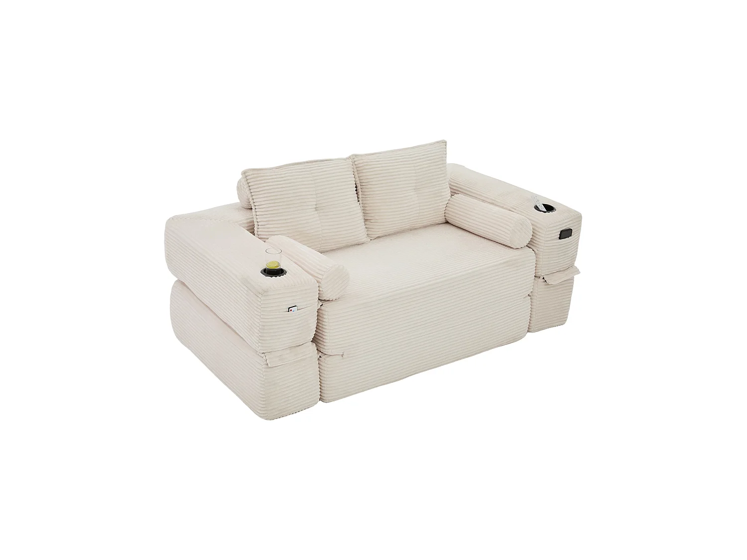 Canapé 2 places convertible avec 2 coussins - Canapé-lit en velours côtelé beige