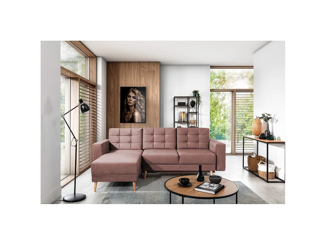 Canapé d'angle convertible HASGARD 3 places rose 248x162 cm – coffre et pieds bois
