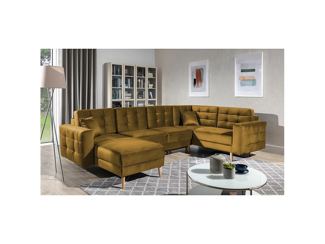 Canapé d'angle panoramique convertible U HASGARD 326 cm jaune velours avec coffre