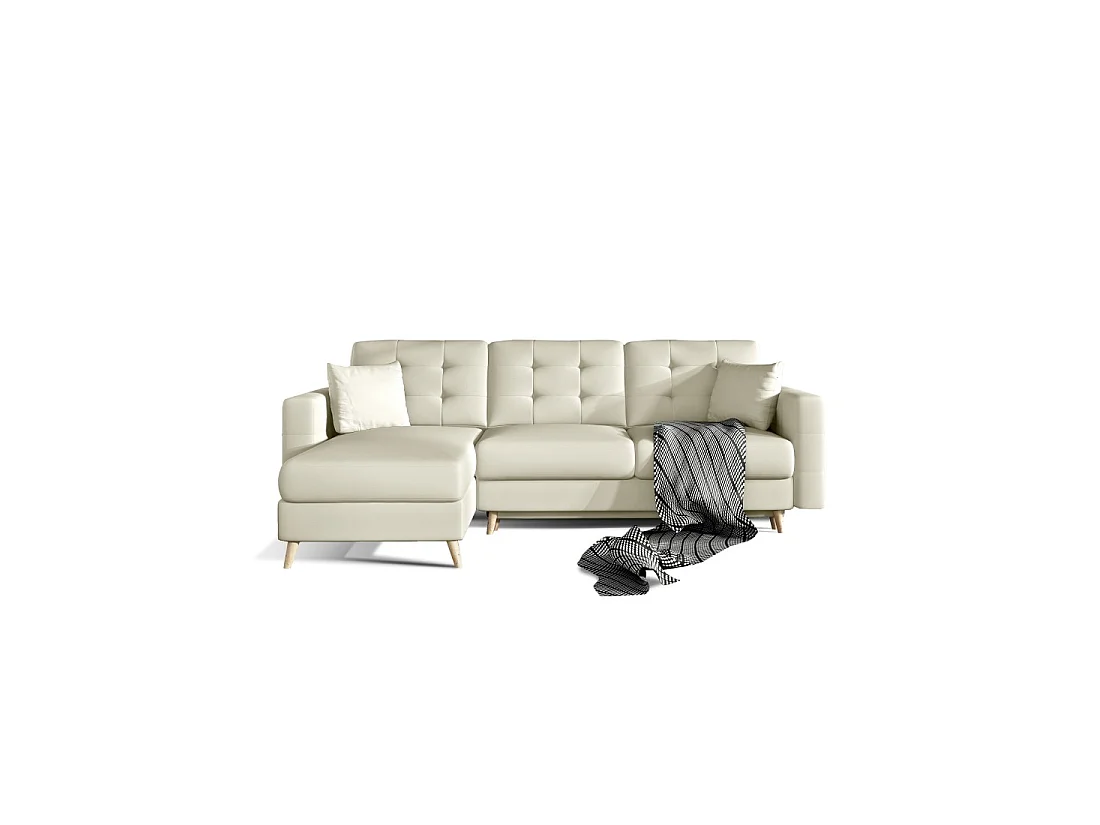 Canapé d'angle convertible HASGARD 3 places beige 248x162 cm – coffre et pieds bois