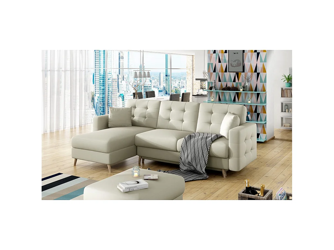 Canapé d'angle convertible HASGARD 3 places beige 248x162 cm – coffre et pieds bois