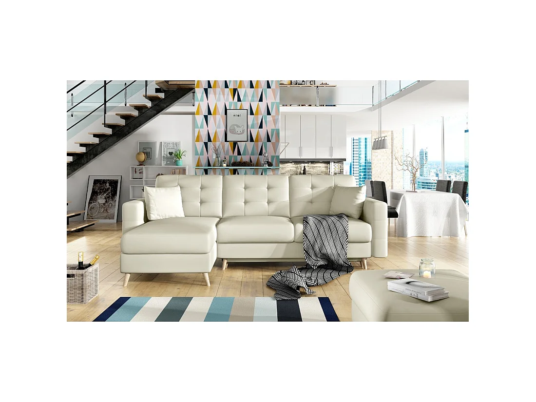 Canapé d'angle convertible HASGARD 3 places beige 248x162 cm – coffre et pieds bois