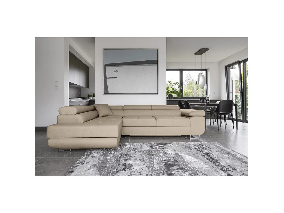 Canapé d'angle convertible MENTON beige velours – Angle gauche avec coffre