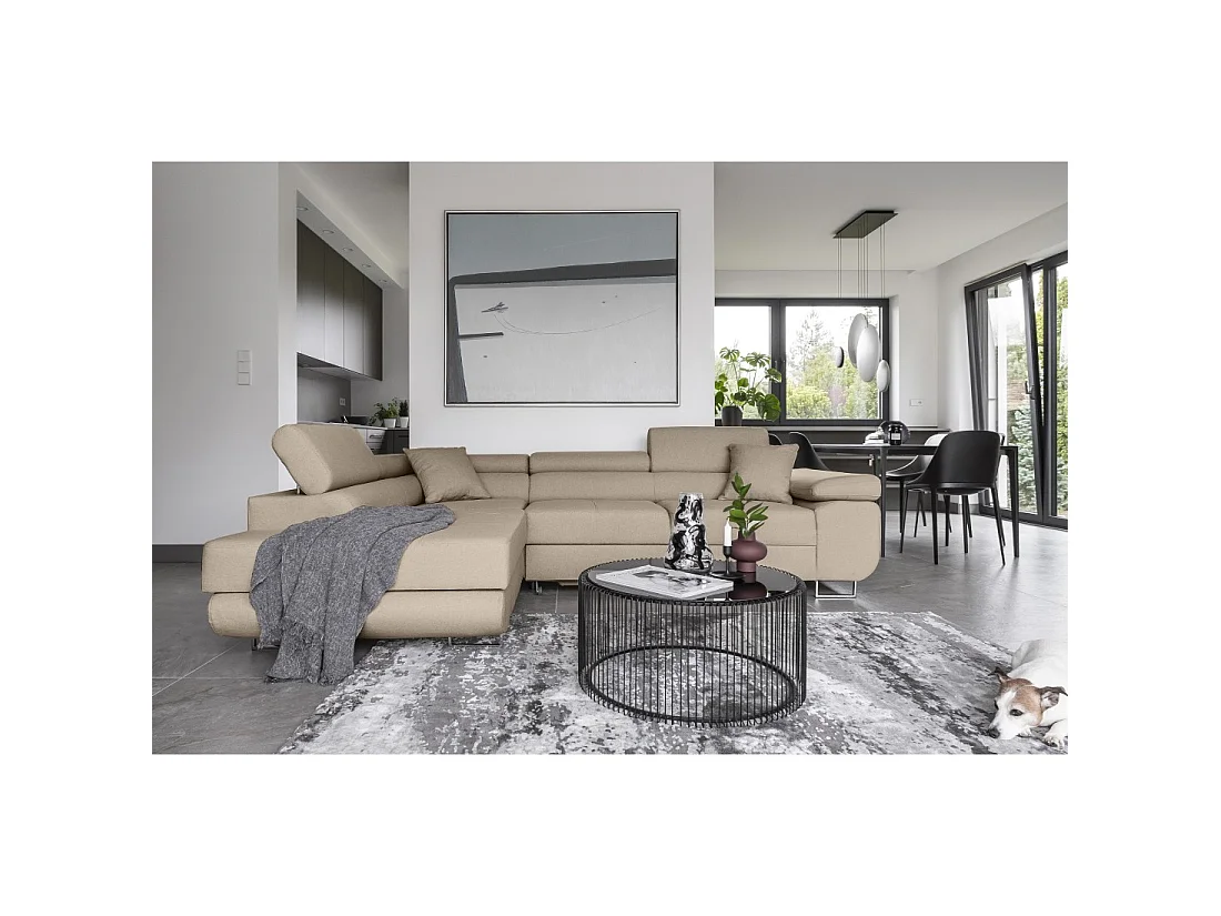 Canapé d'angle convertible MENTON beige velours – Angle gauche avec coffre