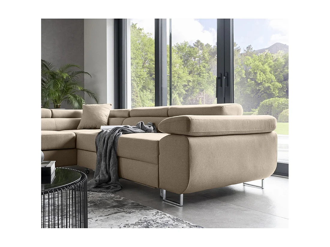 Canapé d'angle convertible MENTON beige velours – Angle gauche avec coffre