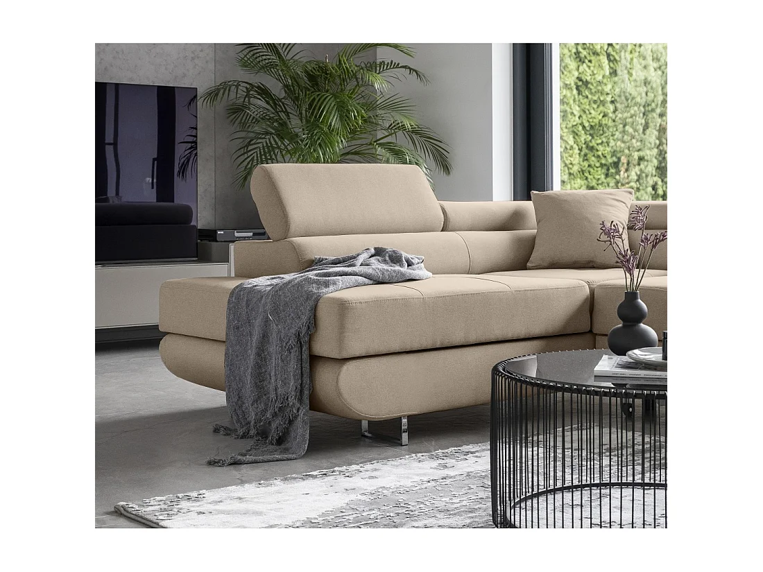 Canapé d'angle convertible MENTON beige velours – Angle gauche avec coffre
