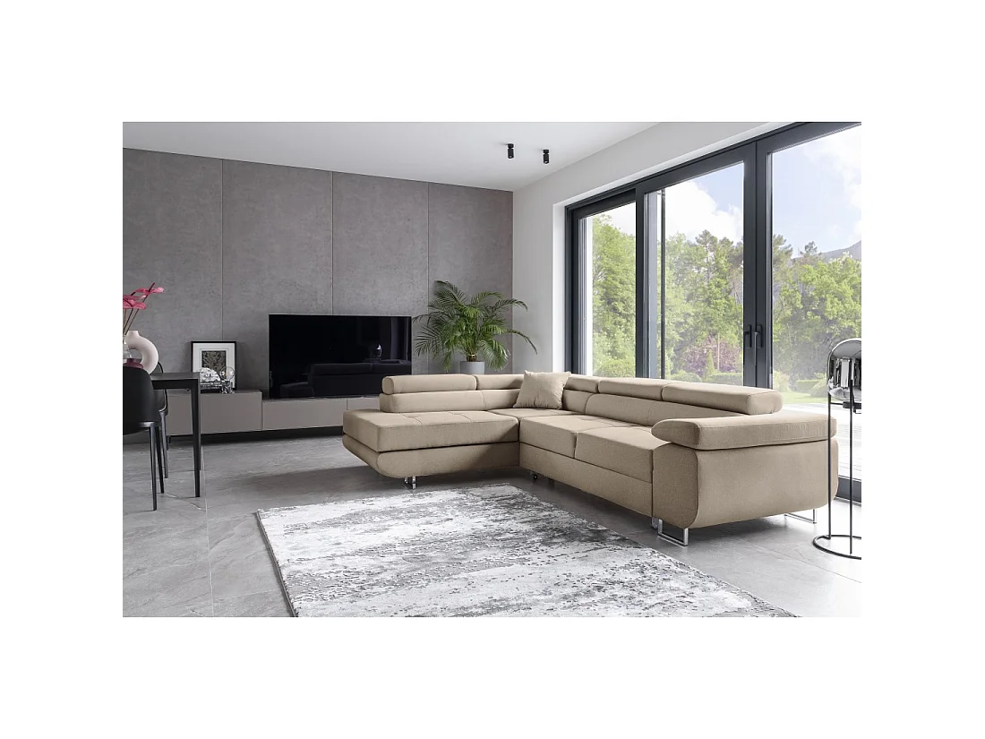 Canapé d'angle convertible MENTON beige velours – Angle gauche avec coffre