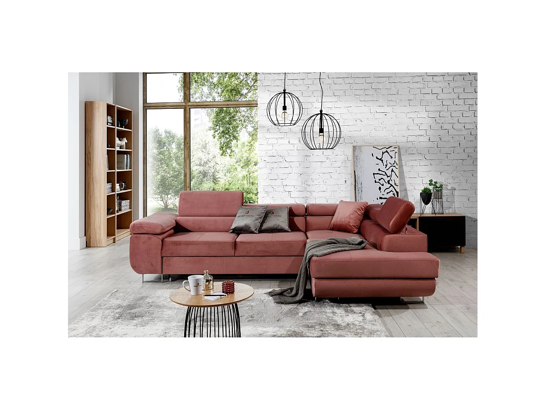 Canapé d'angle convertible MENTON rose velours – Angle droit avec coffre