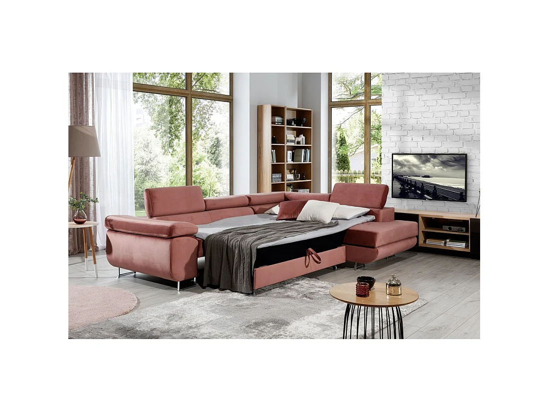 Canapé d'angle convertible MENTON rose velours – Angle droit avec coffre