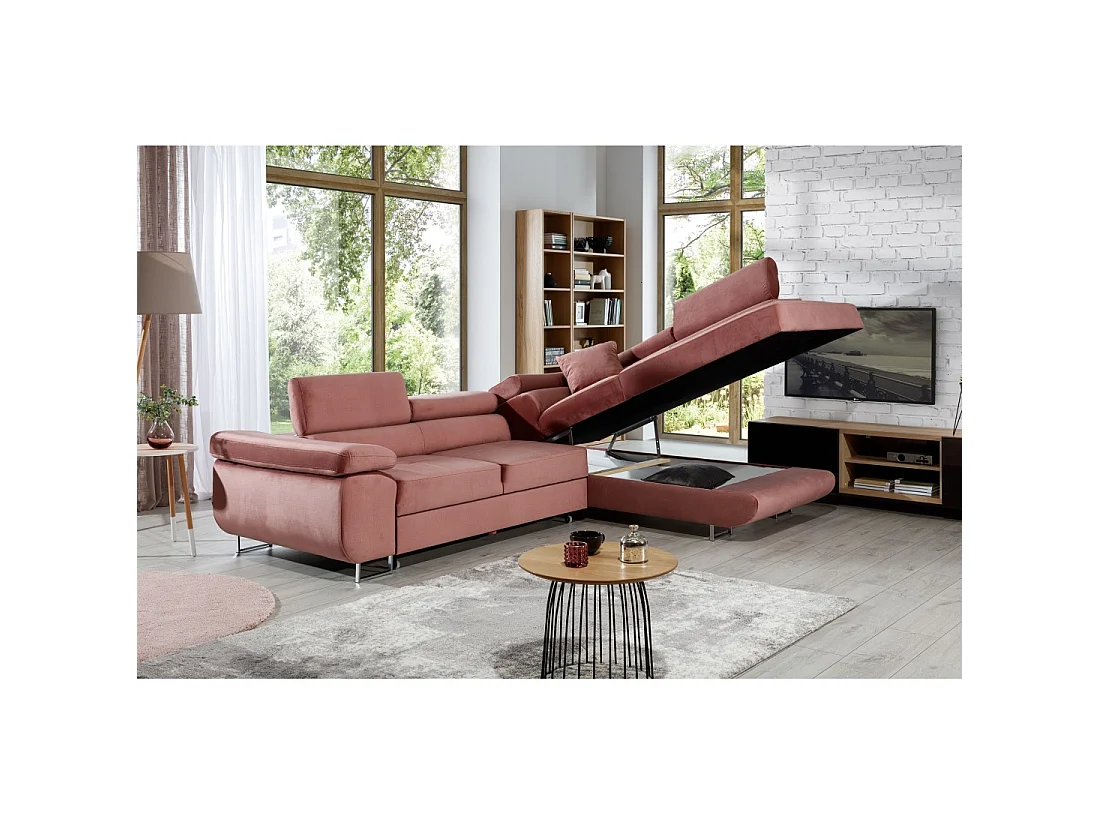 Canapé d'angle convertible MENTON rose velours – Angle droit avec coffre