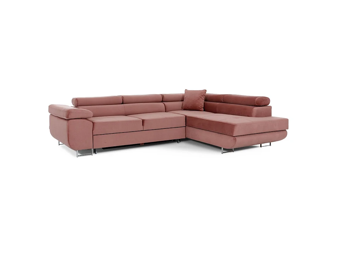 Canapé d'angle convertible MENTON rose velours – Angle droit avec coffre