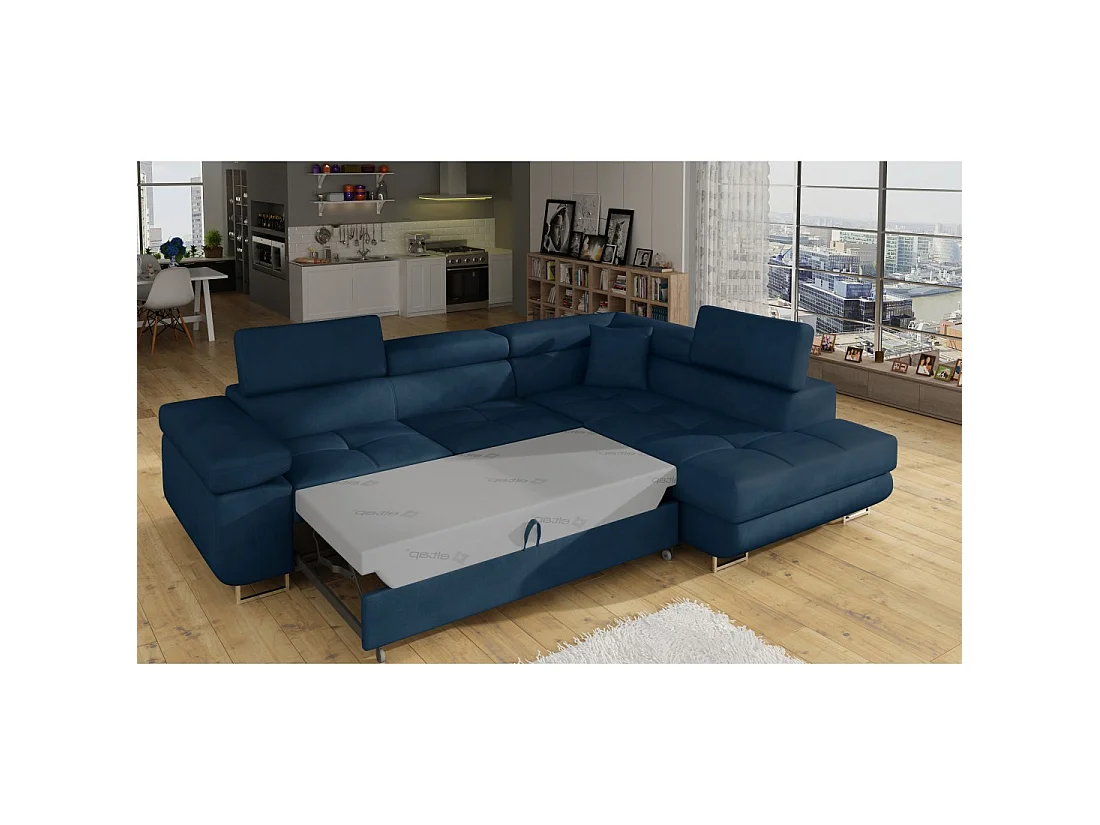 Canapé d'angle convertible MENTON bleu foncé bouclette – Angle droit avec coffre